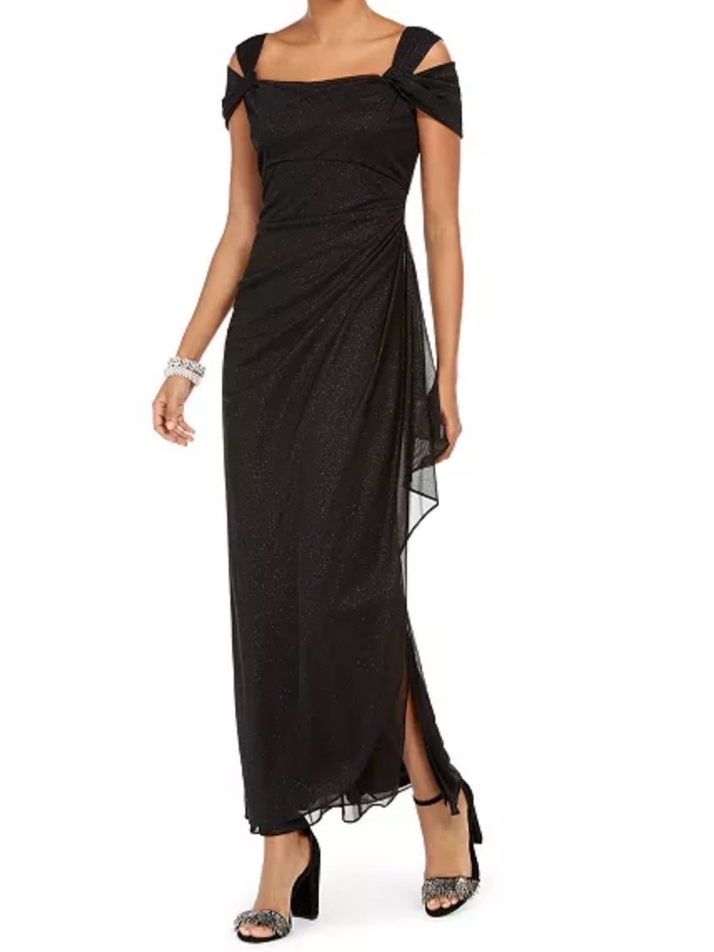 Alex Evenings Cold-Shoulder Black Draped Metallic Gown Stretchy NWT - Picture 2 of 10